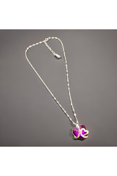 FM قلادة نسائية من الفولاذ المقاوم للحساسية باللون الفضي مع حجر قلب أرجواني -...