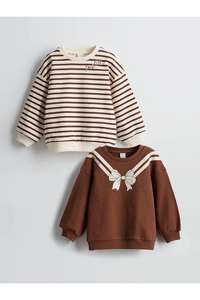 LC Waikiki Lcw Kids Brown Crew Neck Cotton Girls' Sweatshirt 2-Piece