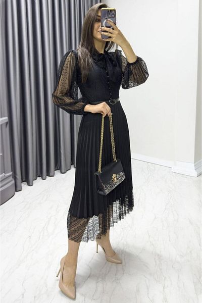 Kokosh moda Τζιν Γυναικείο Φόρεμα - Δαντελένια Λεπτομέρεια και Πιέτες
