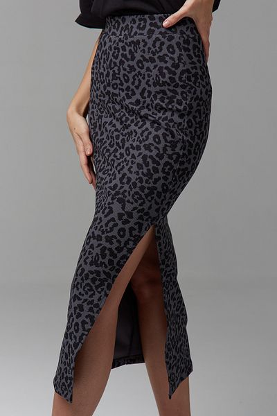 Moije Women's Leopard Patterned Black Anthracite Slit Midi Skirt