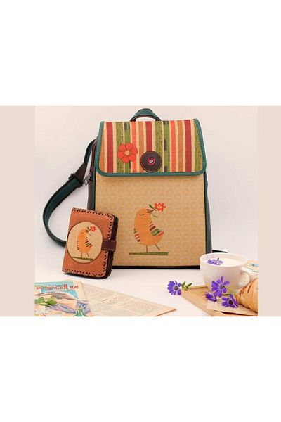 HOODİEMOUSE Bird Figured Covered Backpack Brown, Wallet Tan Ethnic Bohemian Style Combination