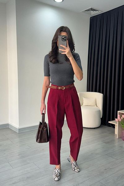 ECEMİ Burgundy Loose Cut Belted Carrot Trousers
