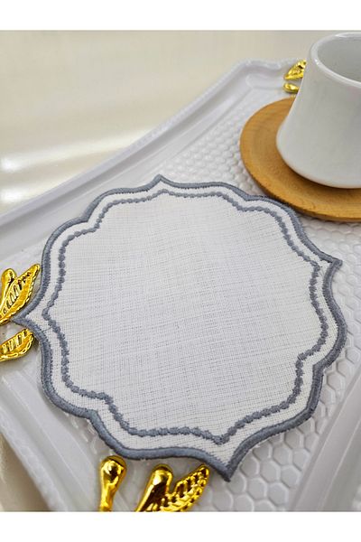 AYNAKIŞÇEYİZ 6 Pieces Linen Fabric Snap Pattern Embroidered Coffee Side Cocktail Napkin & Coasters