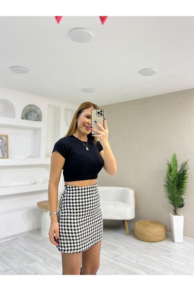 maksoy Ti̇ana Women's Crow's Feet Pattern Cotton Detail Coat and High Waist Skirt Double Set