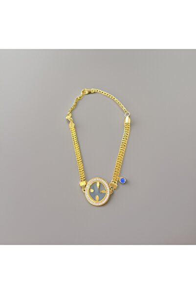 FM اللون الذهبي - سوار مضاد للحساسية مع خرزات لامعة وربعات حجرية وخرز عين الش...