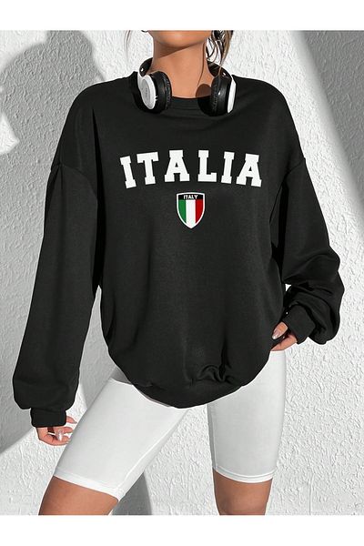 PALPİTO Hanorac oversize cu gât crew cu imprimeu Italia negru pentru femei