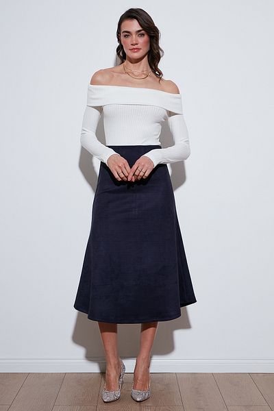 Lela Stretch Regular Fit High Waist Midi Length Suede Bell Skirt Skirt 5866180