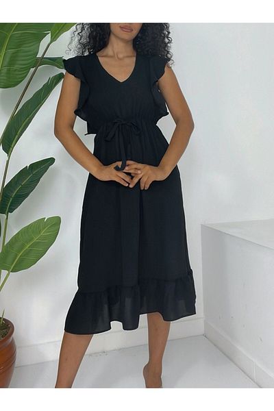 Modamorfo Φόρεμα Ayrobin με βολάν ώμου Ελαστική μέση μηδενικό μανίκι Midi μήκος - μαύρο