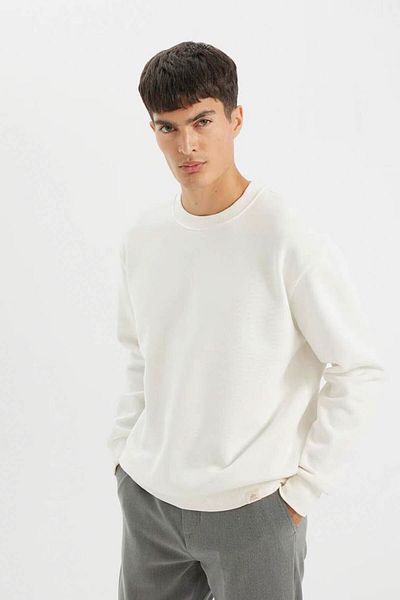 DeFacto Λευκό Oversize ανδρικό φούτερ - Crew Neck, Χοντρό T5139az/wt32