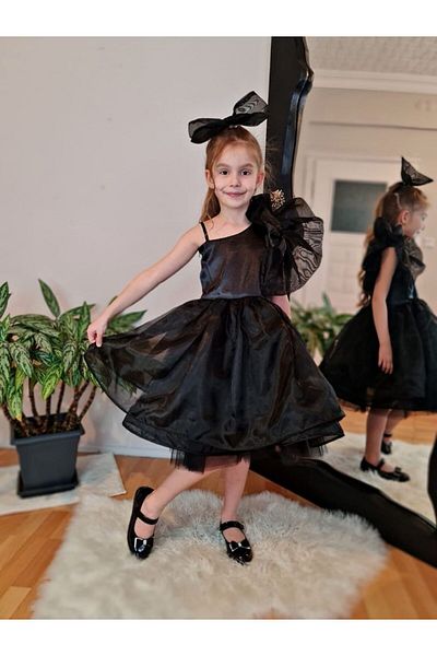 Sare Çocuk Giyim Girl's Black One Shoulder Ruffle Detail Princess Model Graduation Dress