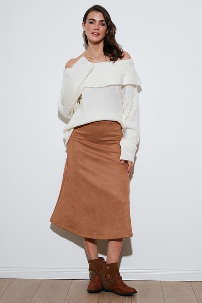 Lela Stretch Regular Fit High Waist Midi Length Suede Bell Skirt Skirt 5866180