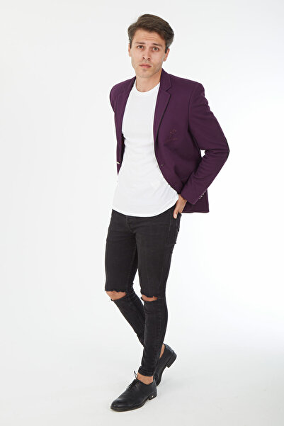 SPOSO G-154 Dar Kalıp Örme Kumaş Mor Erkek Blazer Ceket