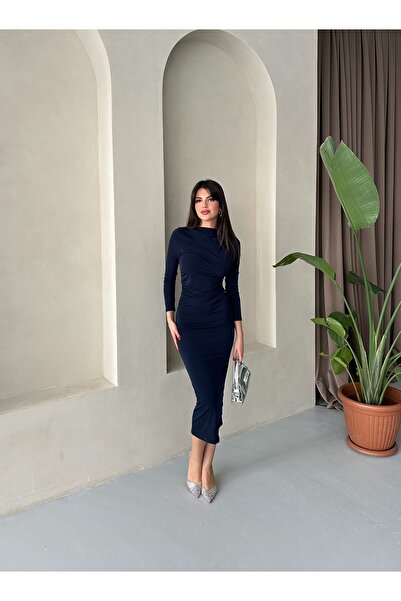 BY SE'MAS WEAR Premium Drapeli Midi Boy Elbise Açık Lacivert