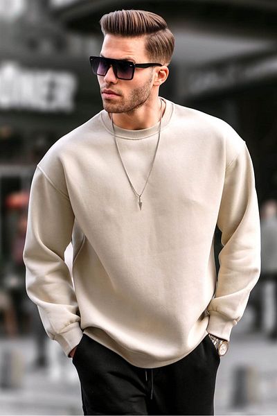 Madmext Μπεζ ανδρικό φούτερ με λαιμόκοψη Oversize Basic 6048