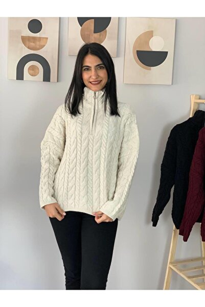 YusGos Oversize Wide Fit Half Zipper Stand Collar Hair Braided Knitwear Sweater (Cream)