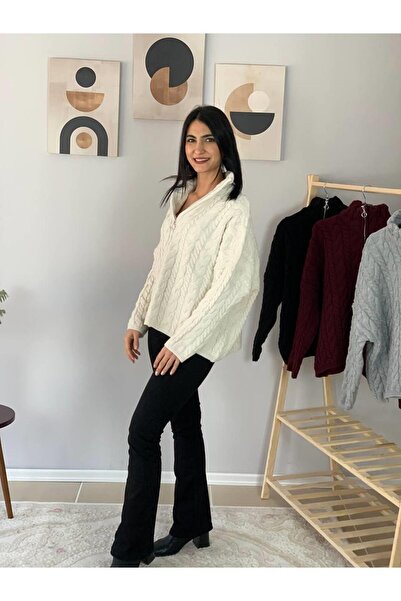 YusGos Oversize Wide Fit Half Zipper Stand Collar Hair Braided Knitwear Sweater (Cream)