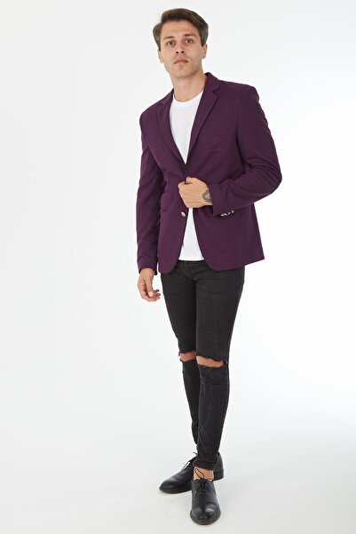 SPOSO G-154 Dar Kalıp Örme Kumaş Mor Erkek Blazer Ceket