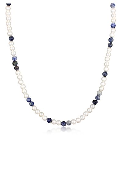 KUZZOI Necklace Men's beads with shell core pearls and blue agate in 925 sterling silver gold plated
