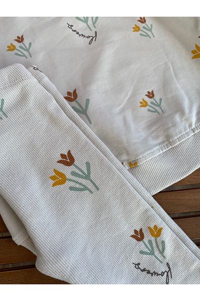 Baby Babyaden Tulip Printed Girl's Ribbed Tights and Comfortable Cotton Baby Set