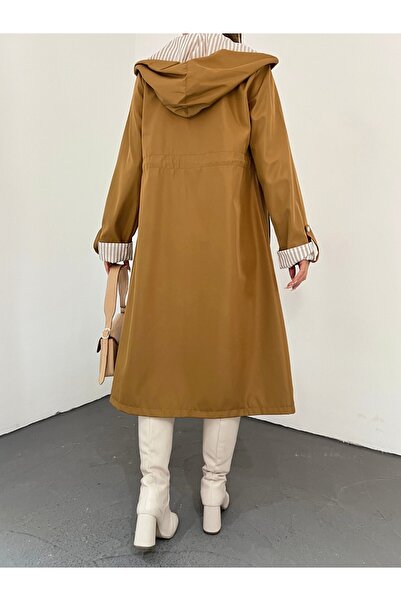 Modamorfo Belden Sıkmalı Kapitone Astarlı Kapşonlu Trençkot -taba