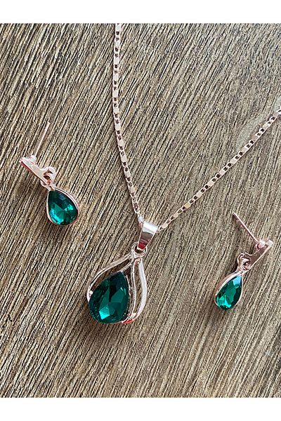 Store Green Stone Necklace Earrings Set with Water Drop Motif