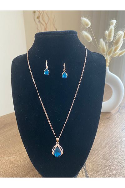Store Blue Stone Necklace Earrings Set with Water Drop Motif