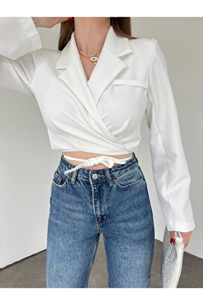 Modamorfo Μπουφάν Crop με κορδόνια στη μέση - λευκό