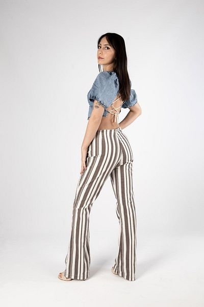 Kutaf Brown Striped Flare Front Pocket Bohemian/Vintage Women's Denim Trousers