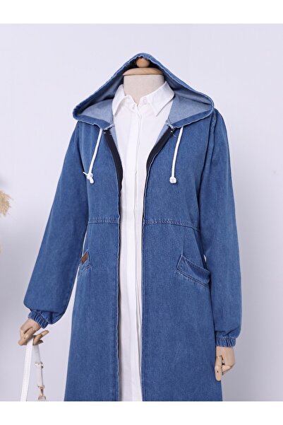 Modamorfo Yan Cepli Kolu Lastikli Kapşonlu Kot Kap -indigo