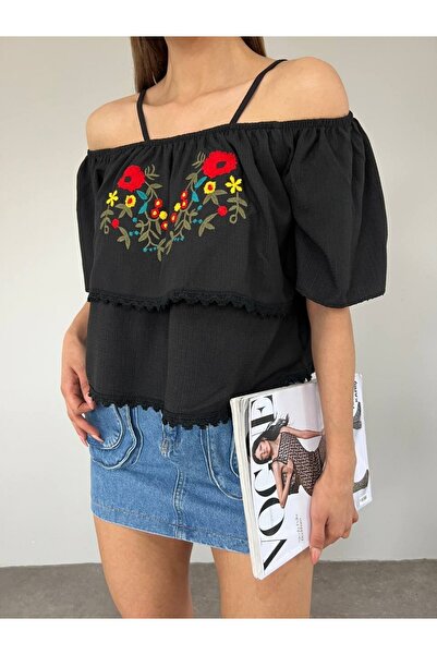 Modamorfo Rose Embroidered Laced String Strap T-Shirt