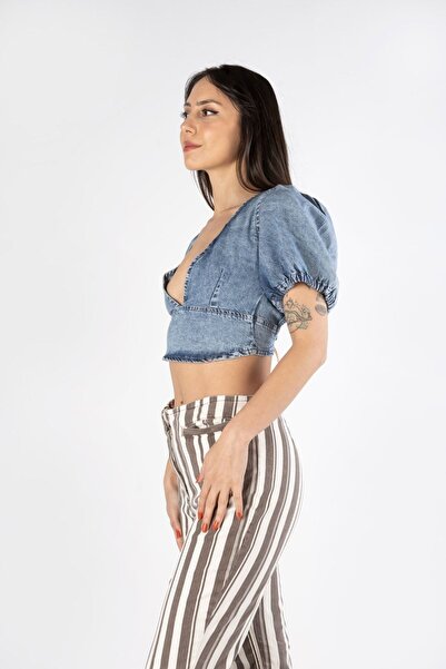 Kutaf Kahverengi Çizgili Flare Önden Cepli Bohem/vintage Kadın Denim Pantolon