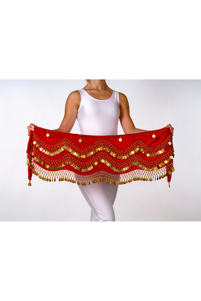 Armelit Şakira Kemeri Kına Roman Kırmızı Dalgalı Altın Oryantal Kemer