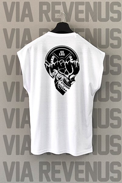 Vordevia Tricou sport cu mânecă zero cu imprimeu Skull Dumbell Gym