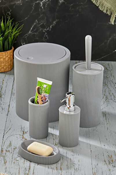 Homie Line 5 Parça Yuvarlak Banyo Seti - Çöp Kovası WC Fırçası Sıvı-Katı Sabu...