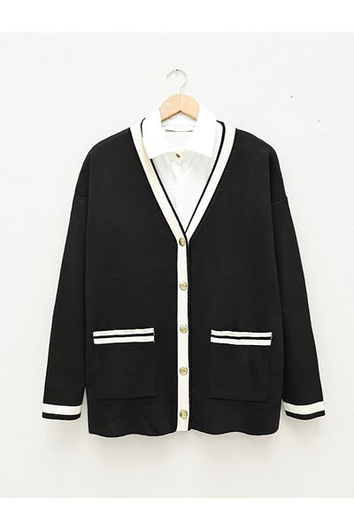 Modamorfo Strickjacke mit Metallknöpfen und Taschen – Schwarz