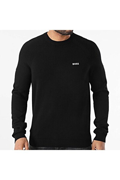 BOSS Erkek Marka Logolu Uzun Kollu Slim Fit Siyah Kazak 50528739-001