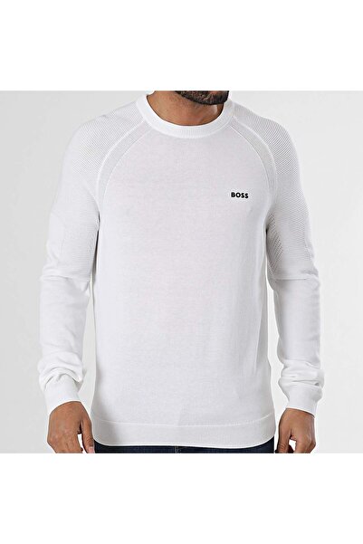 BOSS Erkek Marka Logolu Uzun Kollu Slim Fit Beyaz Kazak 50528739-100