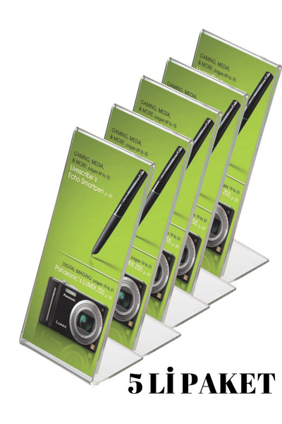 L Tipi Masaüstü Pleksi Föylük Broşürlük Fiyatlık Dikey 5li Paket (A5-148X210MM)