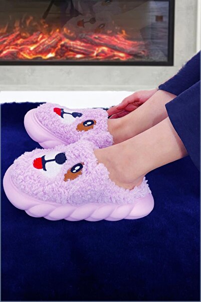 Kidx Bella Ab186 Hayvanlı Panduf Pofuduk Sevimli Köpek Peluş Ev Terliği Lila