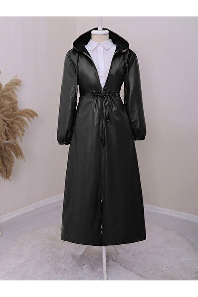 Modamorfo Dlouhá kožená čepice na zip s kapucí - černá