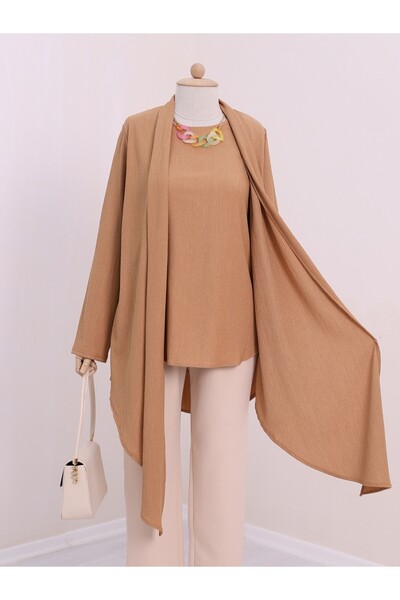 Modamorfo Crinkle Tunic with Shawl Collar Asymmetrical Cut Necklace - Cinnamon