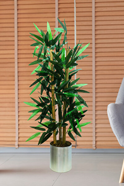 Cihan Çiçekçilik Yapay Yapraklı Bambu Ağacı 110 Cm Galvaniz Saksı
