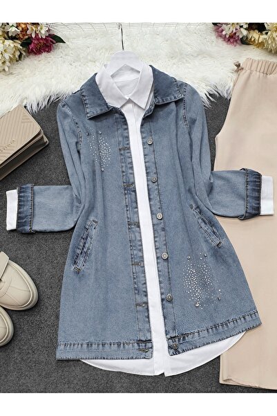 Modamorfo Джинсова куртка з подвійними кишенями та каменем на грудях - Крижано-блакитна