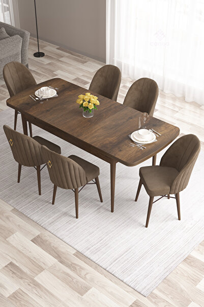 Canisa Roz Serisi 80x132 Mdf Açılabilir Barok Ahşap Desen Masa Takımı 6 Kahverengi Sandalye