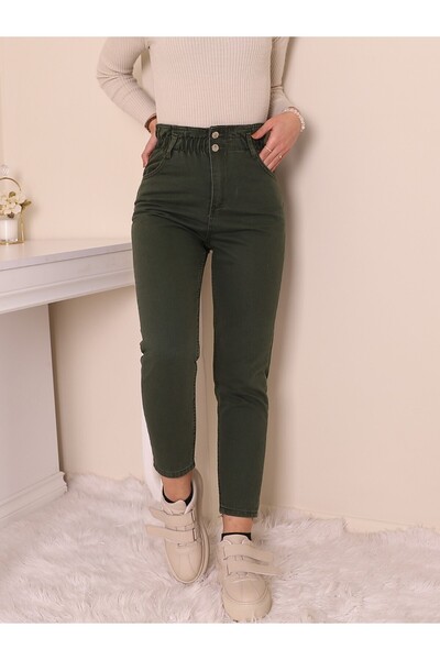 Modamorfo Khaki Jeans with High Waist and Elastic Waist