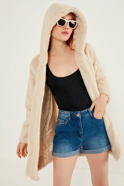 MEECY Γυναικείο Γούνινο Παλτό Κρεμ Λούτρινο με Κουκούλα