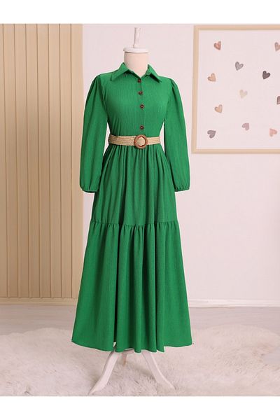 Modamorfo Rochie verde Crinkle - împodobită, cu jumătate de nasturi și curea