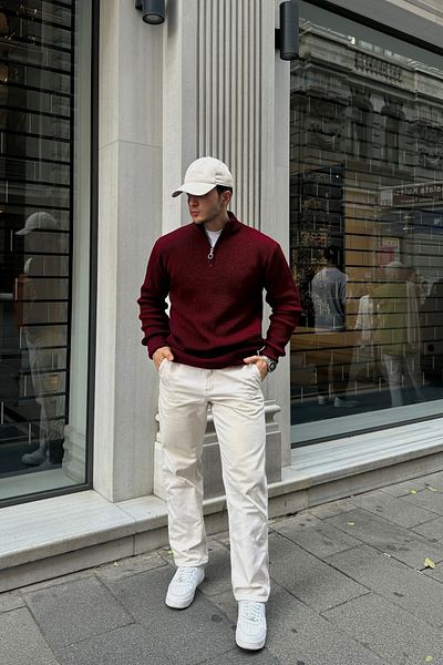 Livio Ferri Thick and Half Zippered Men's Knitwear Sweater - Stand Collar