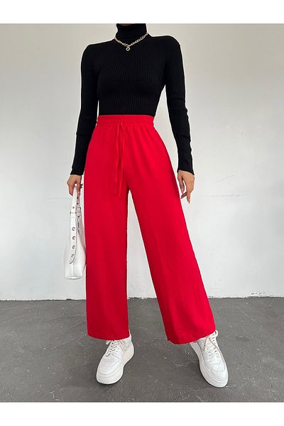 Modamorfo Elastic Waist Lace Detailed Ayrobin Trousers -Red