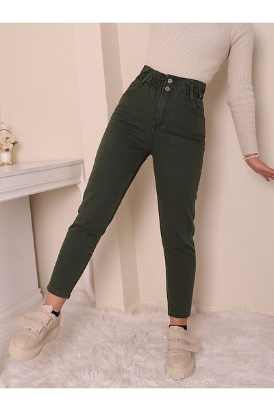Modamorfo Khaki Jeans with High Waist and Elastic Waist